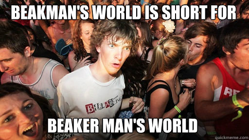 Beakman's world is short for  Beaker man's world - Beakman's world is short for  Beaker man's world  Sudden Clarity Clarence