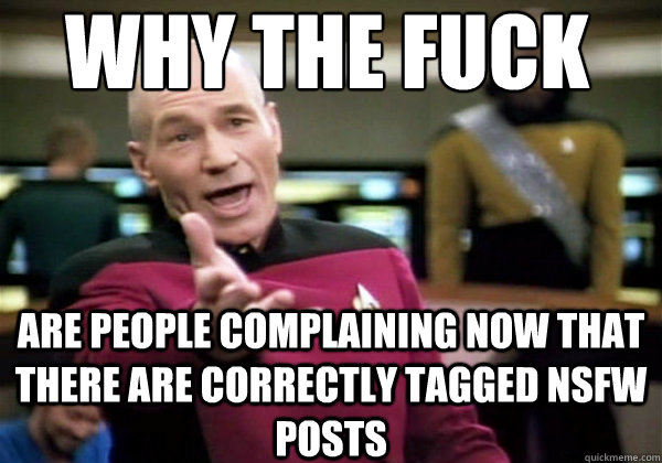 Why the fuck are people complaining now that there are correctly tagged NSFW posts - Why the fuck are people complaining now that there are correctly tagged NSFW posts  Patrick Stewart WTF