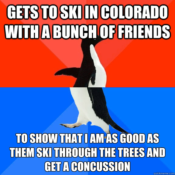 Gets to ski in colorado with a bunch of friends to show that i am as good as them ski through the trees and get a concussion   Socially Awesome Awkward Penguin