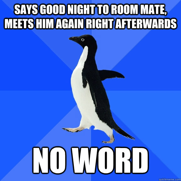 says good night to room mate, meets him again right afterwards no word  Socially Awkward Penguin