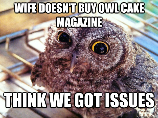 Wife doesn't buy owl cake magazine Think we got issues - Wife doesn't buy owl cake magazine Think we got issues  Skeptical Owl