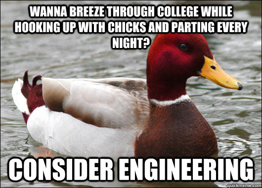 Wanna breeze through college while hooking up with chicks and parting every night? Consider engineering  Malicious Advice Mallard