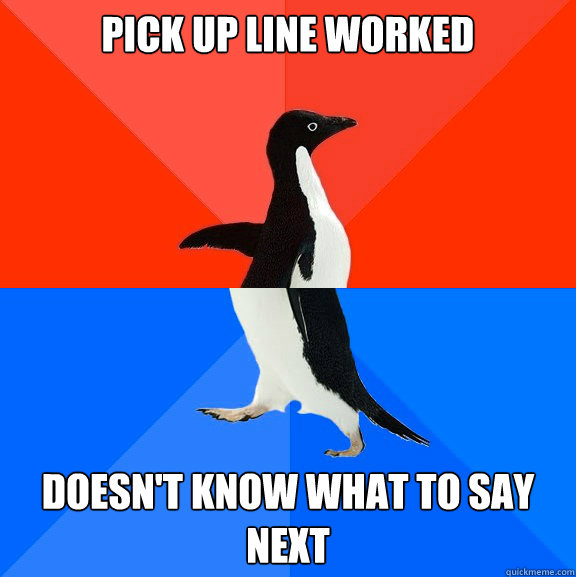 pick up line worked doesn't know what to say next  Socially Awesome Awkward Penguin
