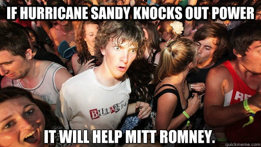 if hurricane sandy knocks out power  it will help mitt romney.   Sudden Clarity Clarence
