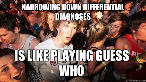 Narrowing down Differential diagnoses Is like playing guess who  Sudden Clarity Clarence