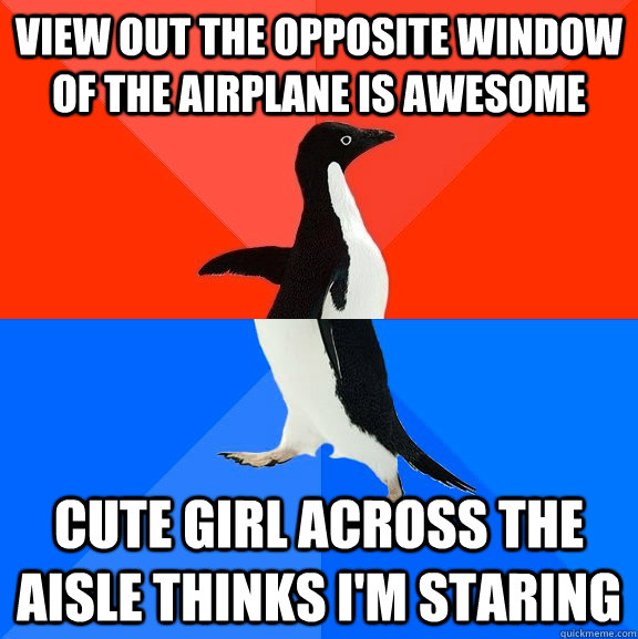 View out the opposite window of the airplane is awesome Cute girl across the aisle thinks I'm staring  Socially Awesome Awkward Penguin