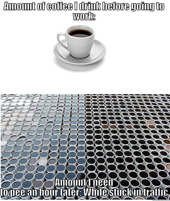 AMOUNT OF COFFEE I DRINK BEFORE GOING TO WORK: AMOUNT I NEED TO PEE AN HOUR LATER; WHILE STUCK IN TRAFFIC Misc