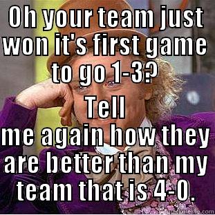 OH YOUR TEAM JUST WON IT'S FIRST GAME TO GO 1-3? TELL ME AGAIN HOW THEY ARE BETTER THAN MY TEAM THAT IS 4-0. Condescending Wonka