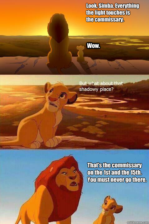 Look, Simba. Everything the light touches is 
the commissary. Wow. That's the commissary on the 1st and the 15th. You must never go there. - Look, Simba. Everything the light touches is 
the commissary. Wow. That's the commissary on the 1st and the 15th. You must never go there.  Lion King Shadowy Place