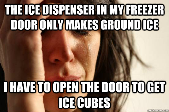 The ice dispenser in my freezer door only makes ground ice I have to open the door to get ice cubes  First World Problems
