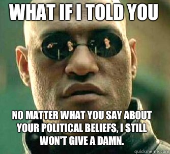 what if i told you no matter what you say about your political beliefs, I still won't give a damn.  Matrix Morpheus