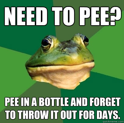 need to pee? Pee in a bottle and forget to throw it out for days.  Foul Bachelor Frog