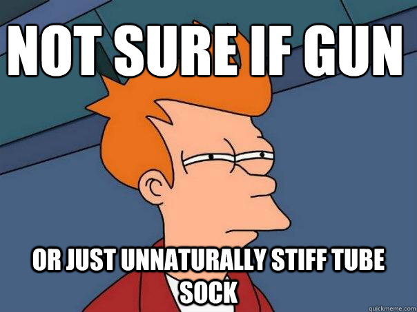 Not sure if gun or just unnaturally stiff tube sock  Futurama Fry