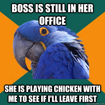 Boss is still in her office She is playing chicken with me to see if i'll leave first  Paranoid Parrot
