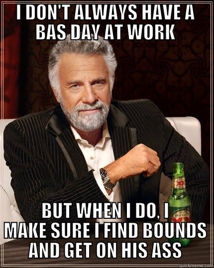 I DON'T ALWAYS HAVE A BAS DAY AT WORK BUT WHEN I DO, I MAKE SURE I FIND BOUNDS AND GET ON HIS ASS The Most Interesting Man In The World