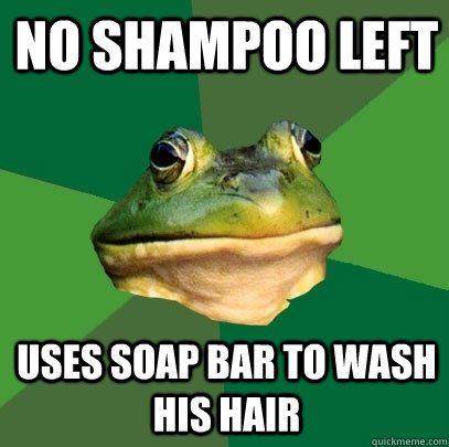 No shampoo left uses soap bar to wash his hair  Foul Bachelor Frog