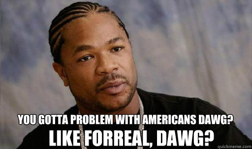 You gotta problem with americans dawg? Like forreal, dawg?  Forreal Dawg Xzibit