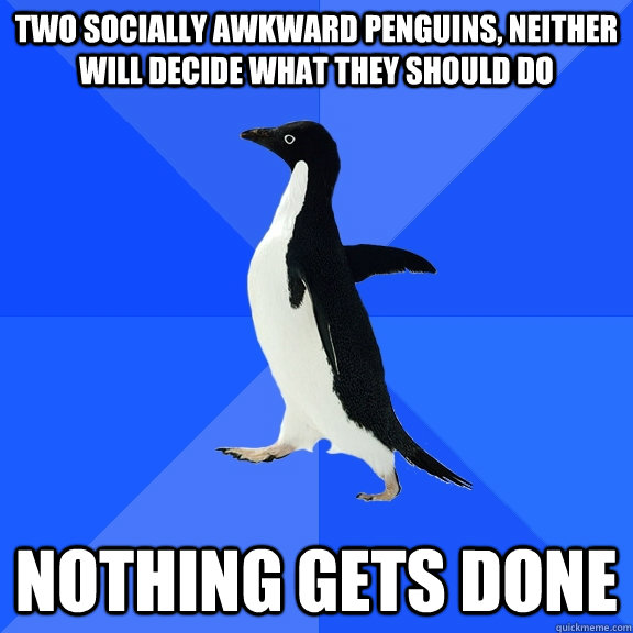 Two Socially awkward penguins, neither will decide what they should do Nothing gets done  Socially Awkward Penguin