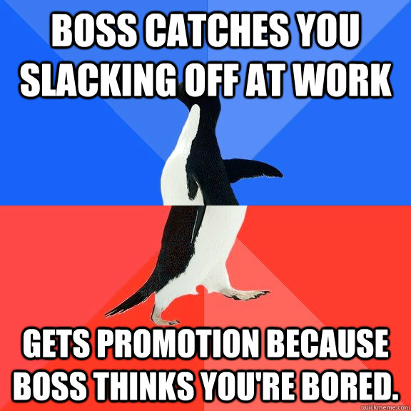 Boss catches you slacking off at work Gets promotion because boss thinks you're bored. - Boss catches you slacking off at work Gets promotion because boss thinks you're bored.  Socially Awkward Awesome Penguin