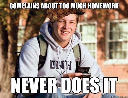 Complains about too much homework Never does it  College Freshman