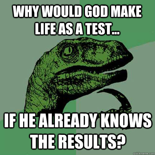 why would god make life as a test... if he already knows the results? - why would god make life as a test... if he already knows the results?  Philosoraptor