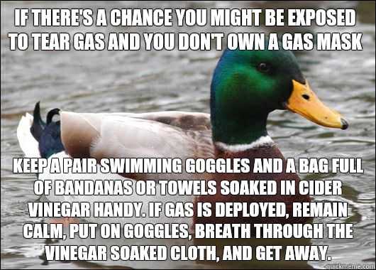 If there's a chance you might be exposed to tear gas and you don't own a gas mask Keep a pair swimming goggles and a bag full of bandanas or towels soaked in cider vinegar handy. If gas is deployed, remain calm, put on goggles, breath through the vinegar   Actual Advice Mallard