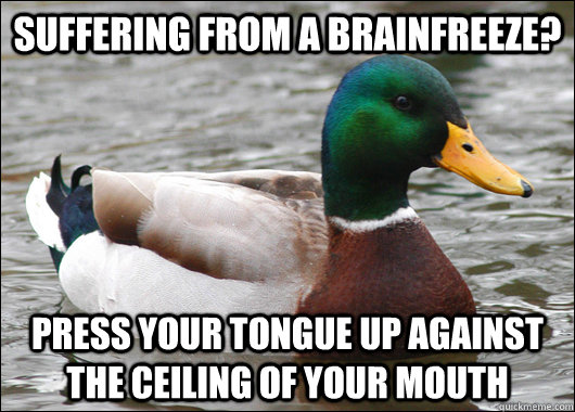Suffering from a Brainfreeze? Press your tongue up against the ceiling of your mouth  Actual Advice Mallard