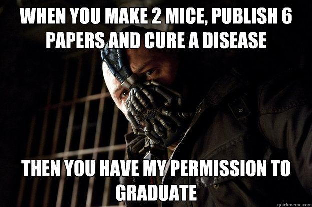 When you make 2 mice, publish 6 papers and cure a disease Then You have my permission to graduate  Academy Bane
