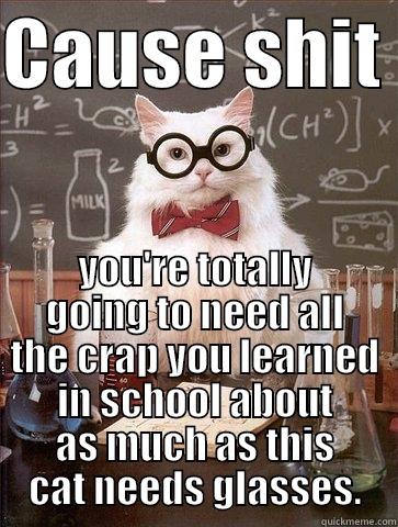 CAUSE SHIT  YOU'RE TOTALLY GOING TO NEED ALL THE CRAP YOU LEARNED IN SCHOOL ABOUT AS MUCH AS THIS CAT NEEDS GLASSES. Chemistry Cat
