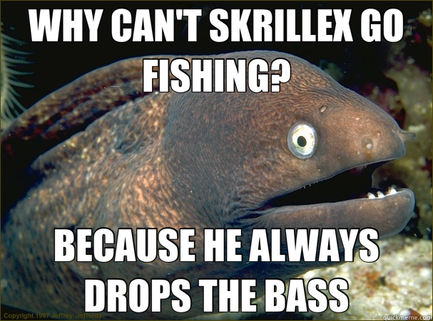 WHY CAN'T SKRILLEX GO FISHING? BECAUSE HE ALWAYS DROPS THE BASS  Bad Joke Eel
