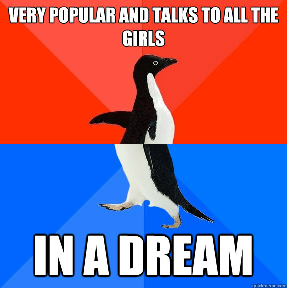 very popular and talks to all the girls In a dream  Socially Awesome Awkward Penguin