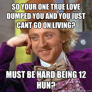 So your one true love dumped you and you just cant go on living? Must be hard being 12 hun? - So your one true love dumped you and you just cant go on living? Must be hard being 12 hun?  Condescending Wonka