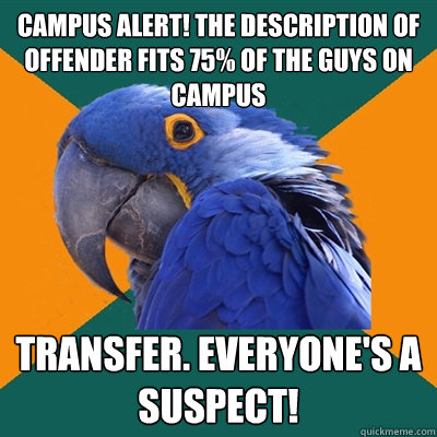 campus alert! the description of offender fits 75% of the guys on campus transfer. everyone's a suspect!  Paranoid Parrot