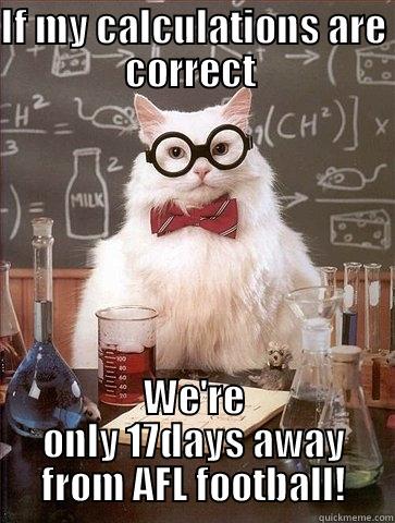 IF MY CALCULATIONS ARE CORRECT  WE'RE ONLY 17DAYS AWAY FROM AFL FOOTBALL! Chemistry Cat
