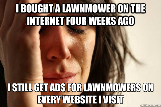 I bought a lawnmower on the internet four weeks ago I still get ads for lawnmowers on every website I visit  First World Problems