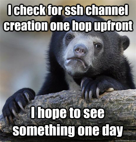 I check for ssh channel creation one hop upfront I hope to see something one day  Confession Bear