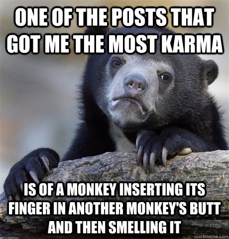 One of the posts that got me the most karma is of a monkey inserting its finger in another monkey's butt and then smelling it  Confession Bear