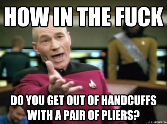 How in the fuck do you get out of handcuffs with a pair of pliers?  Annoyed Picard HD