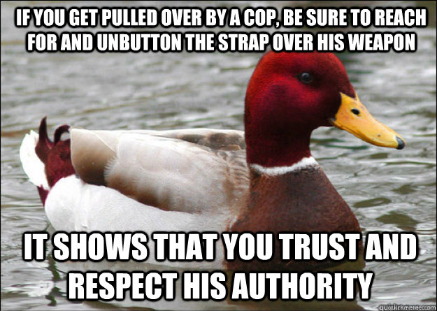 if you get pulled over by a cop, be sure to reach for and unbutton the strap over his weapon it shows that you trust and respect his authority  Malicious Advice Mallard
