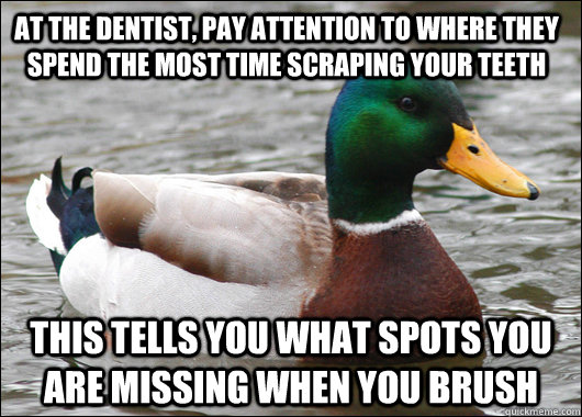 At the dentist, pay attention to where they spend the most time scraping your teeth  This tells you what spots you are missing when you brush  Actual Advice Mallard