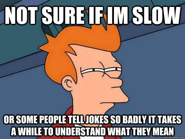 not sure if im slow or some people tell jokes so badly it takes a while to understand what they mean - not sure if im slow or some people tell jokes so badly it takes a while to understand what they mean  Futurama Fry