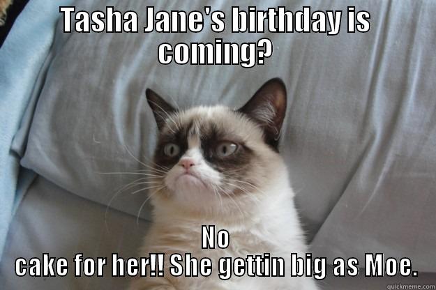 TASHA JANE'S BIRTHDAY IS COMING? NO CAKE FOR HER!! SHE GETTIN BIG AS MOE. Grumpy Cat