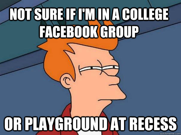 Not sure if I'm in a college facebook group Or playground at recess  Futurama Fry