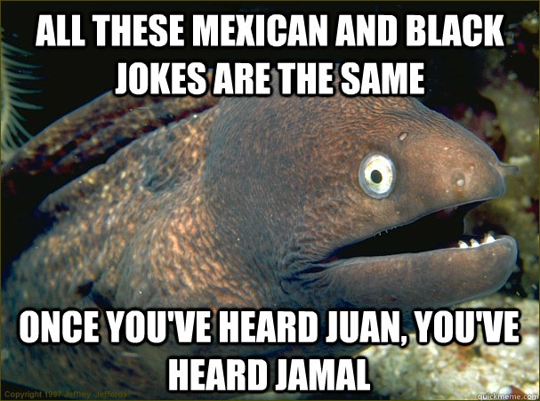 All these mexican and black jokes are the same once you've heard juan, you've heard jamal  Bad Joke Eel