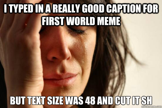 I typed in a really good caption for first world meme But text size was 48 and cut it sh  First World Problems