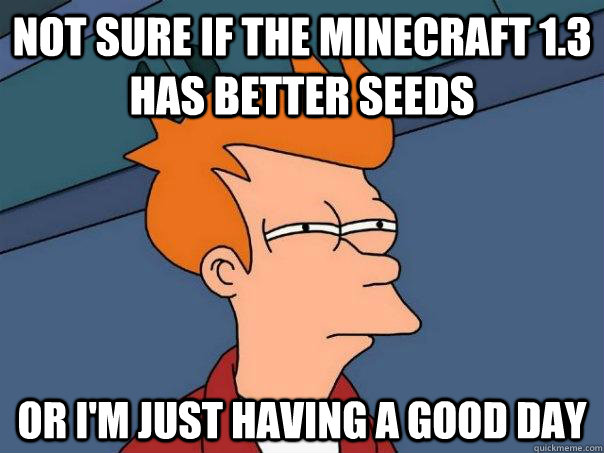 Not sure if the minecraft 1.3 has better seeds Or i'm just having a good day  Futurama Fry
