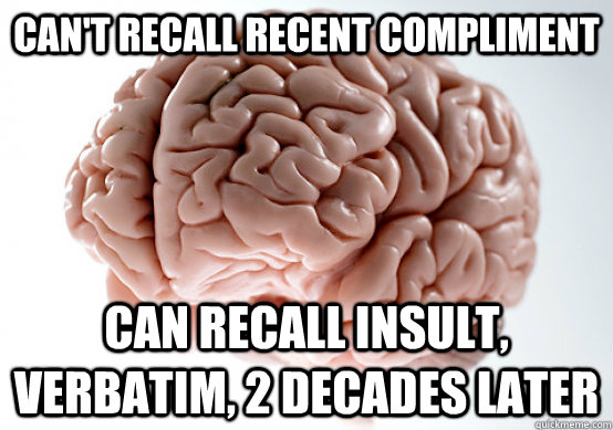 Can't Recall Recent Compliment Can Recall insult, verbatim, 2 decades later - Can't Recall Recent Compliment Can Recall insult, verbatim, 2 decades later  Scumbag Brain make you late to work