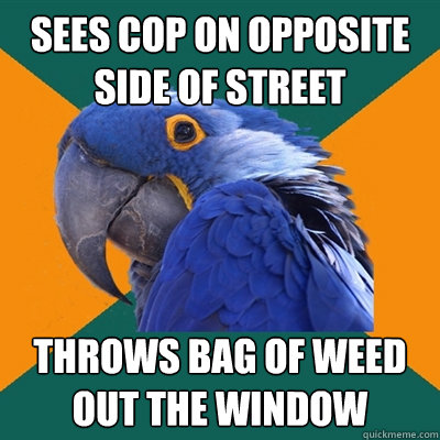 sees cop on opposite side of street Throws bag of weed out the window  Paranoid Parrot