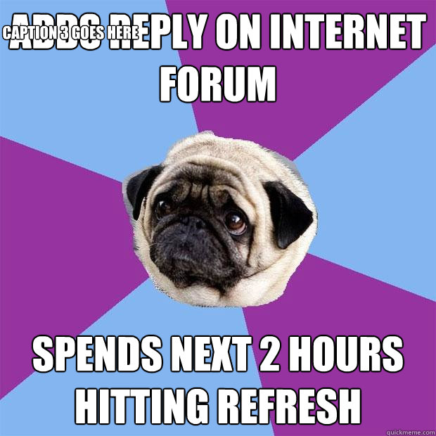 Adds reply on internet forum Spends next 2 hours hitting refresh Caption 3 goes here  Lonely Pug