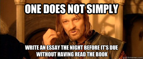 One does not simply Write an essay the night before it's due
 without having read the book  One Does Not Simply